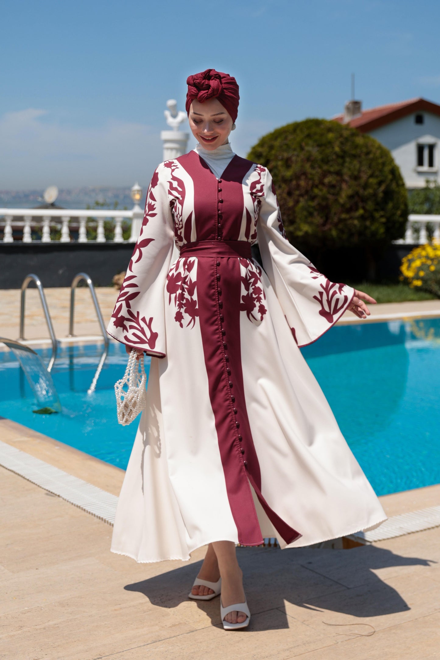 Floral Print Modest Dress – Burgundy & White
