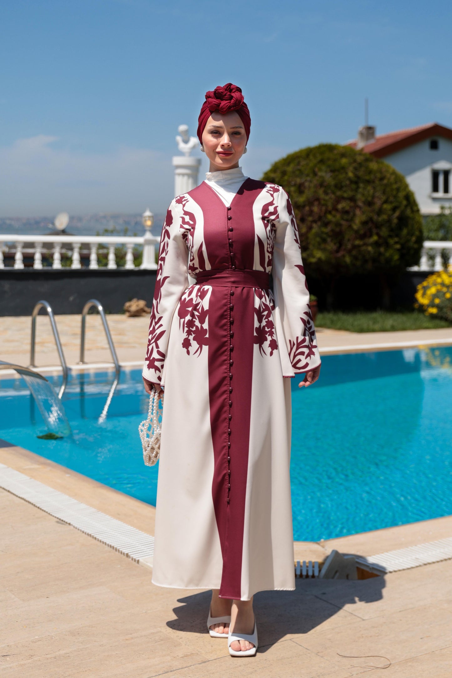 Floral Print Modest Dress – Burgundy & White