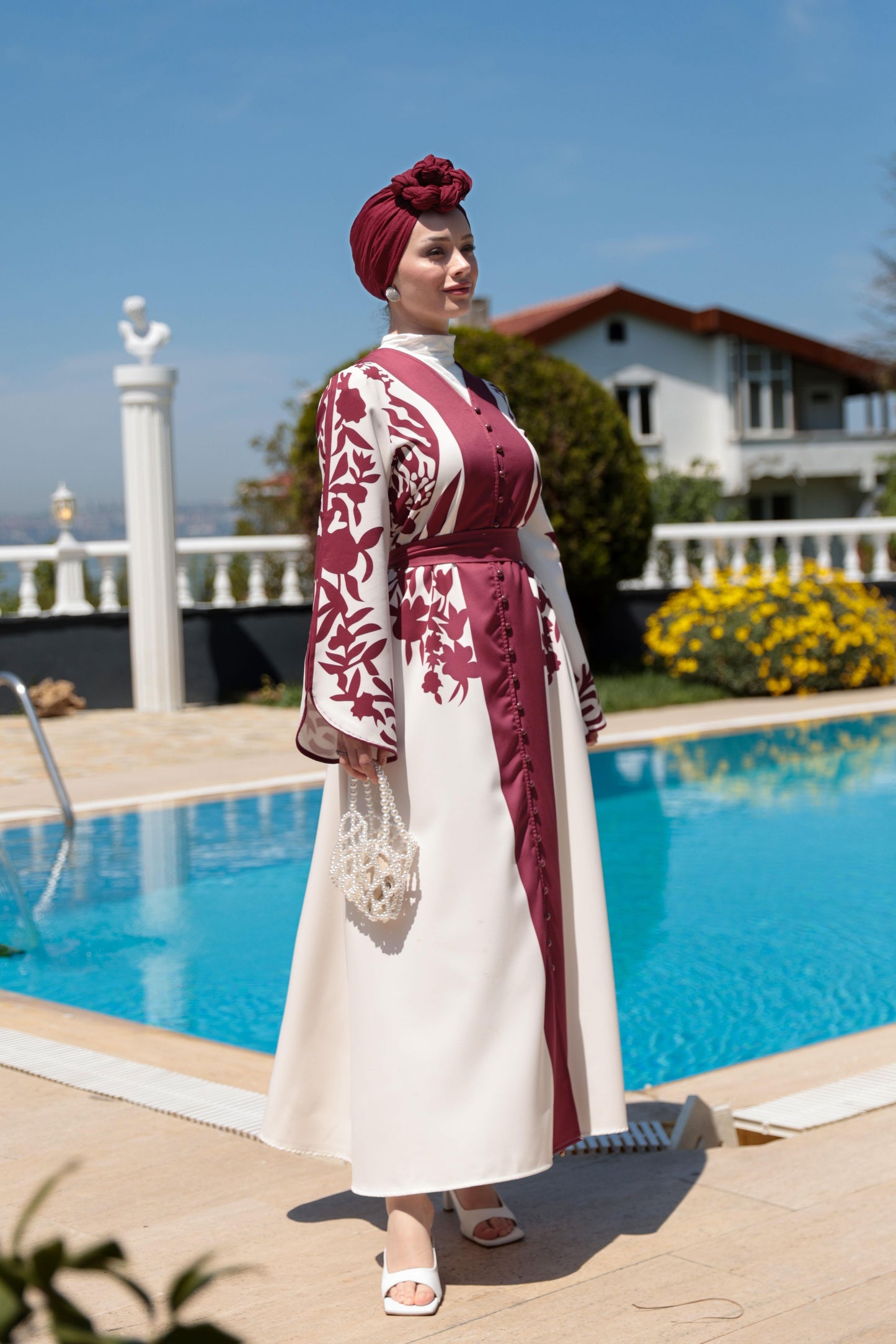 Floral Print Modest Dress – Burgundy & White