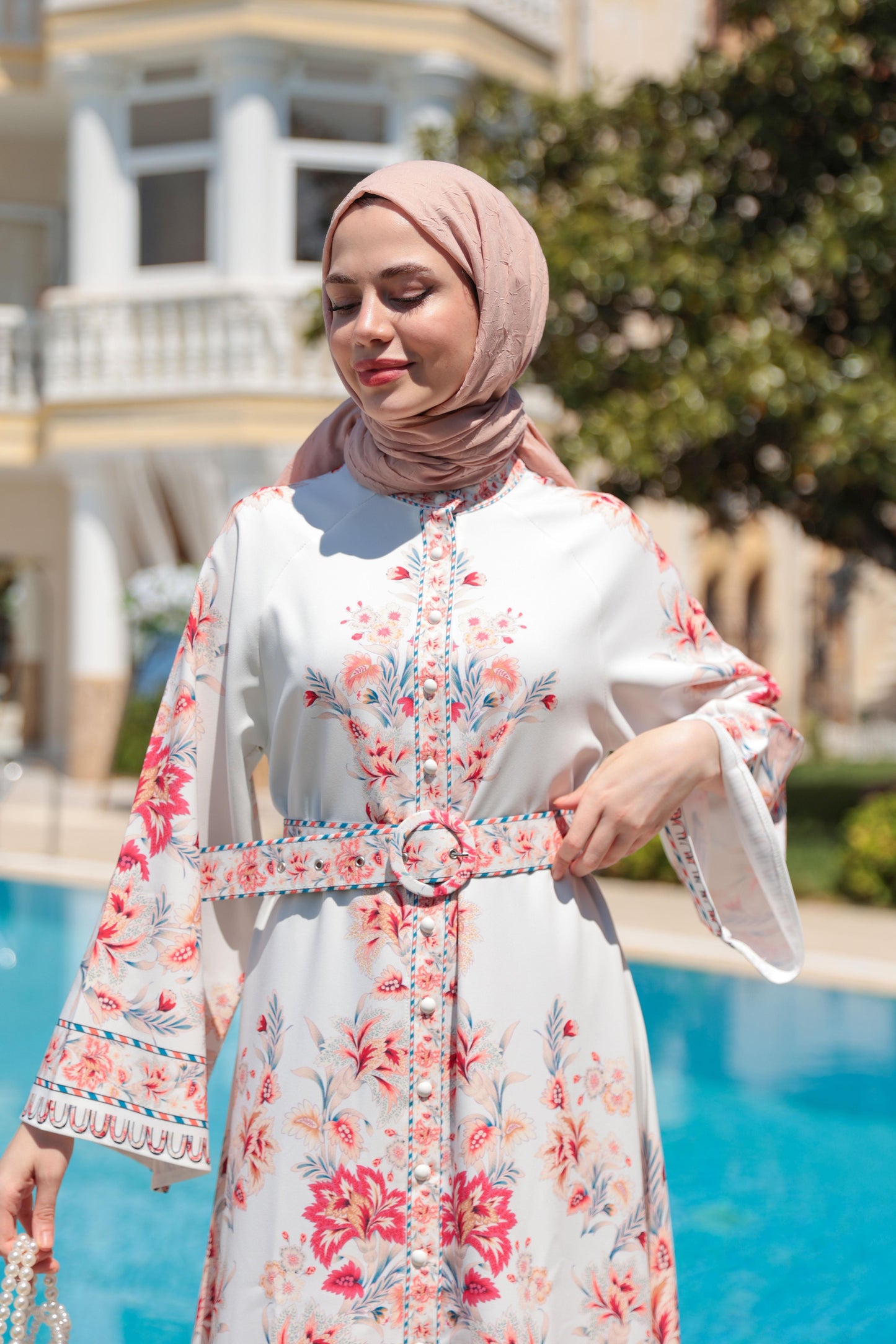 Floral Print Modest Dress – Ecru & Lilac