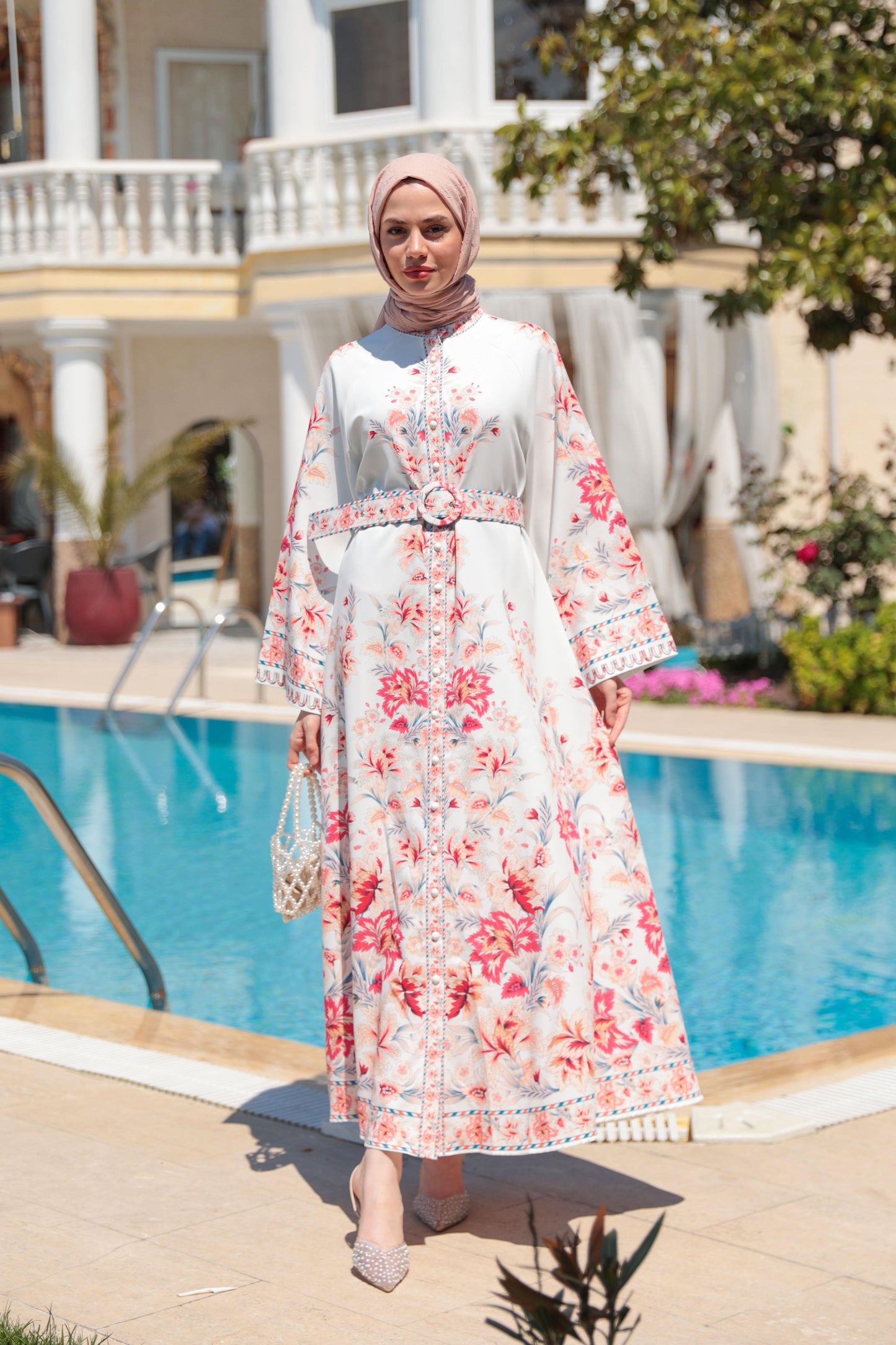 Floral Print Modest Dress – Ecru & Lilac