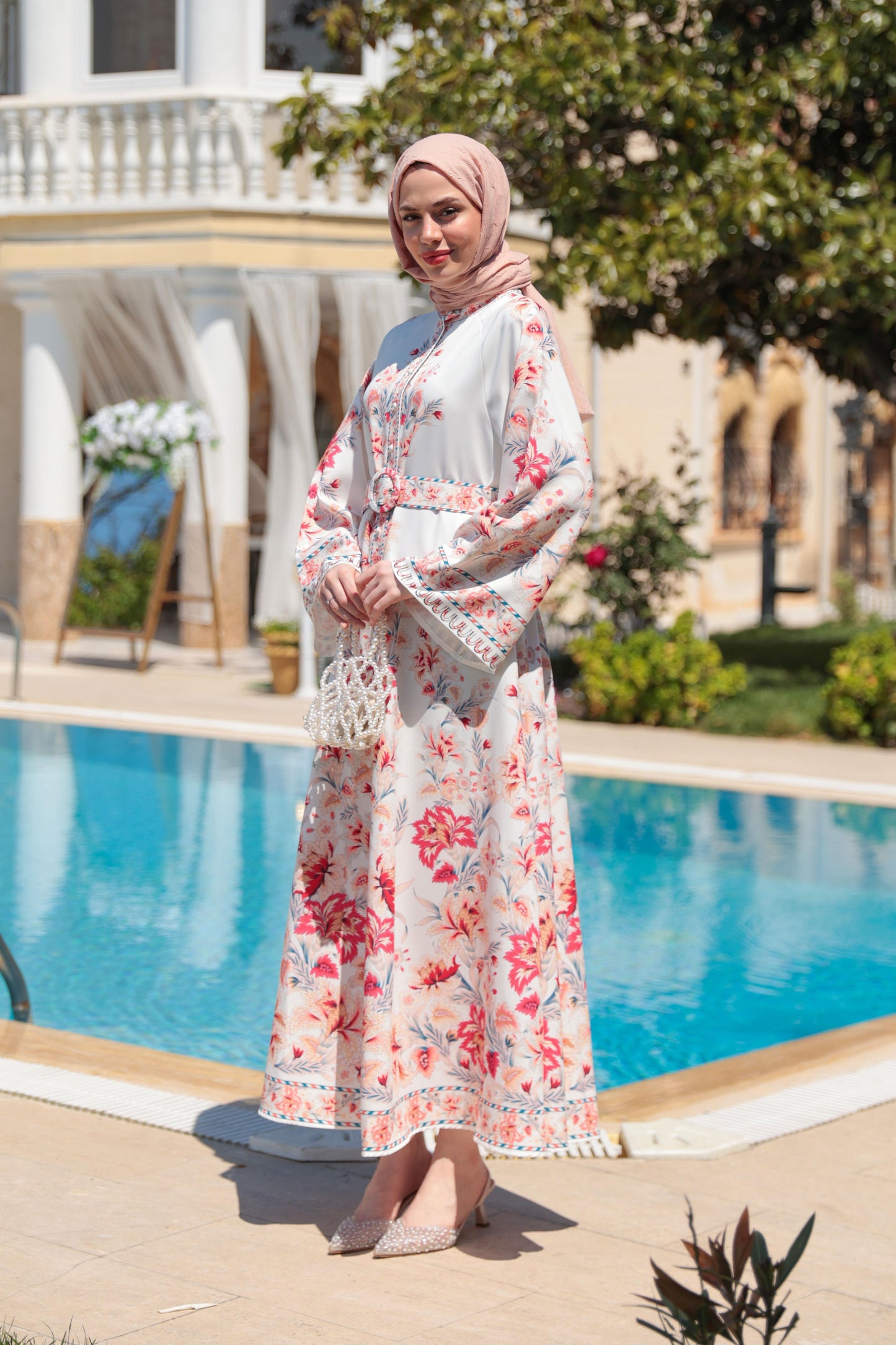 Floral Print Modest Dress – Ecru & Lilac