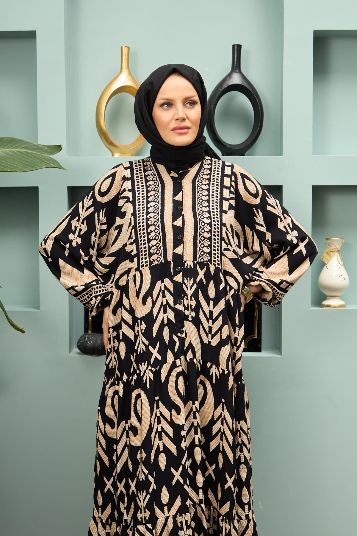 Geometric Print Viscose Modest Dress – Black
