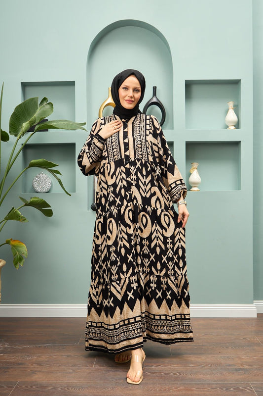Geometric Print Viscose Modest Dress – Black