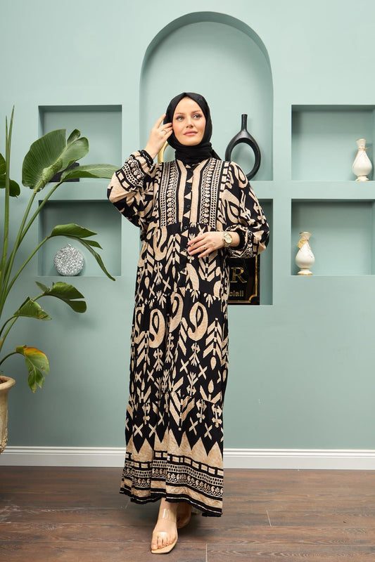 Geometric Print Viscose Modest Dress – Black