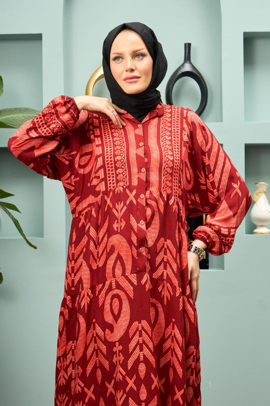 Geometric Print Viscose Modest Dress – Red
