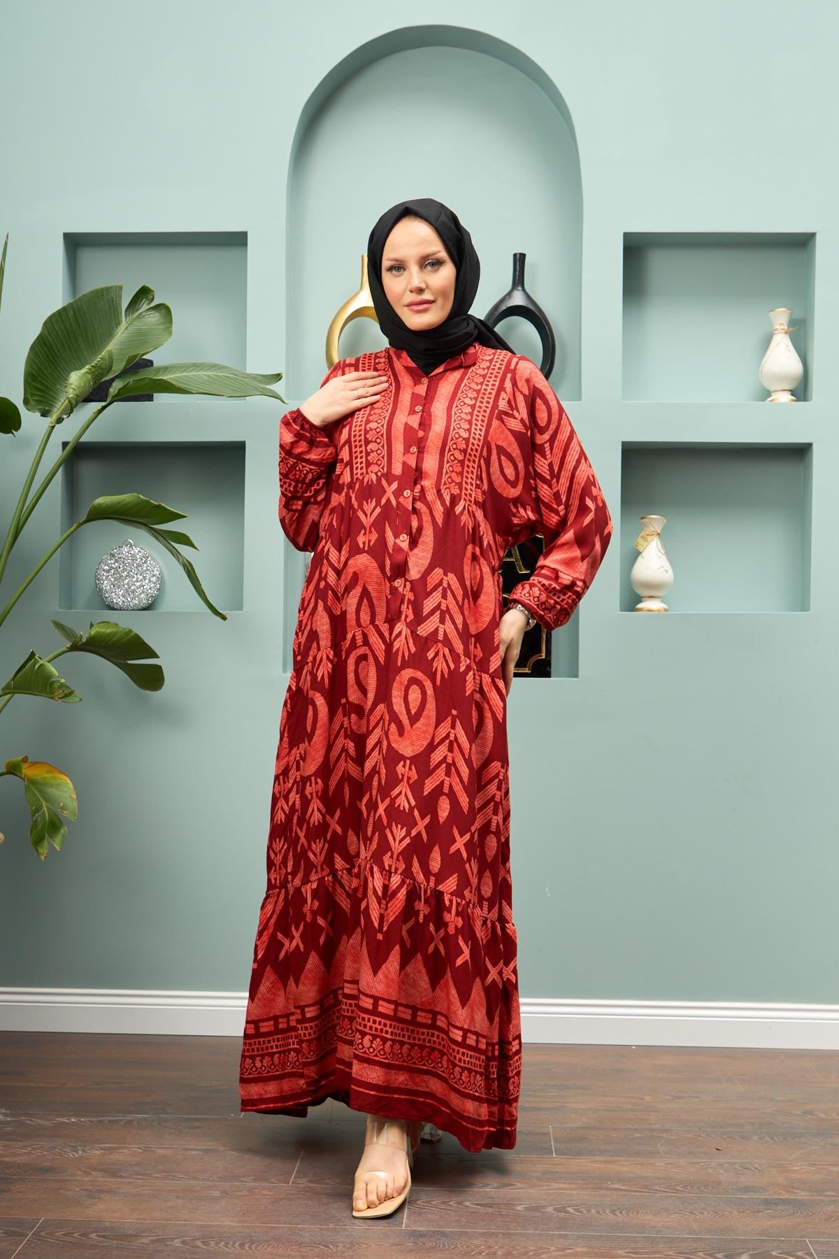 Geometric Print Viscose Modest Dress – Red