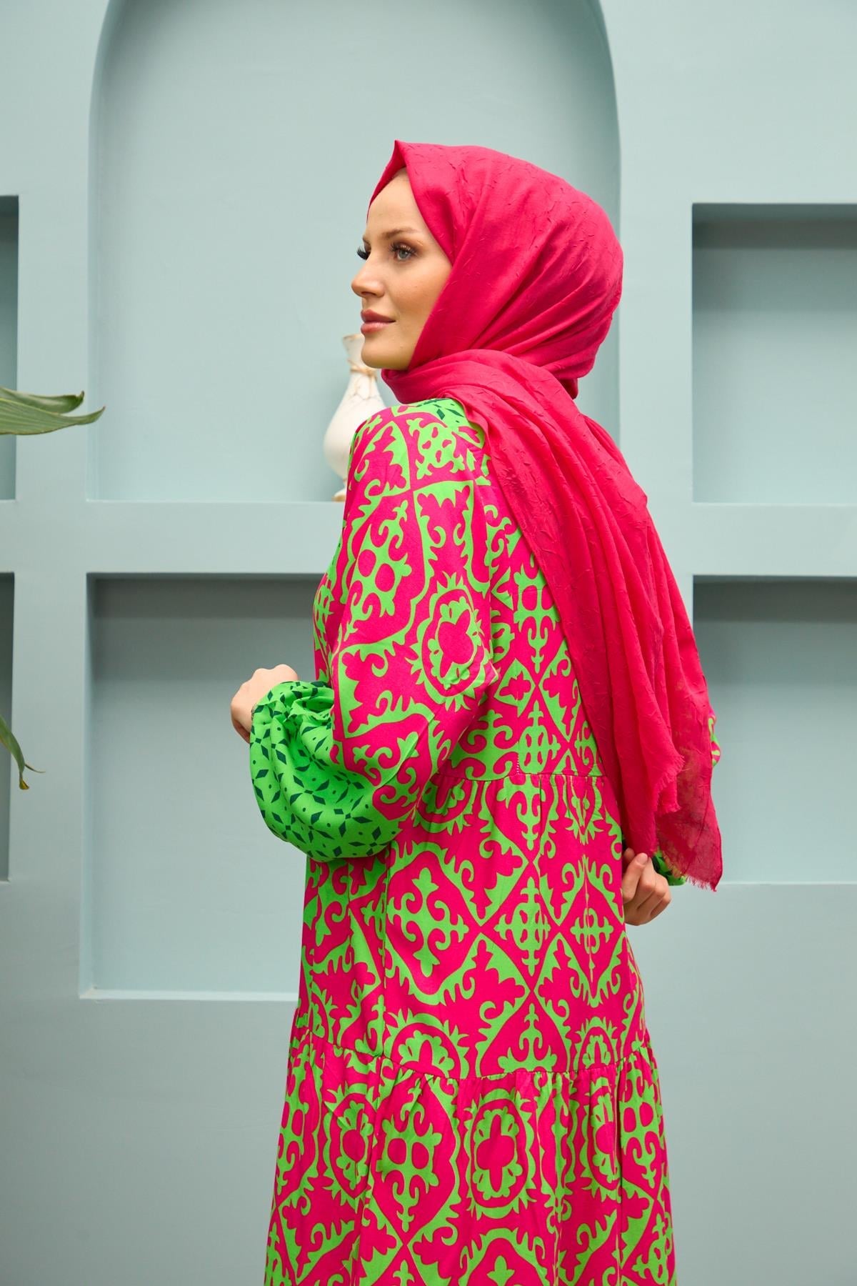 Grace Mosaic Modest Maxi Dress – Fuchsia & Emerald Green