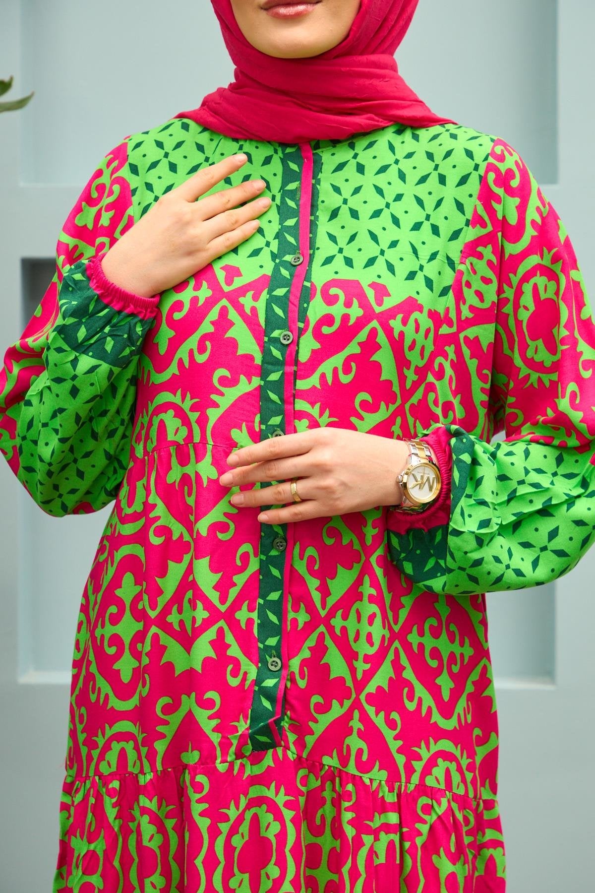 Grace Mosaic Modest Maxi Dress – Fuchsia & Emerald Green