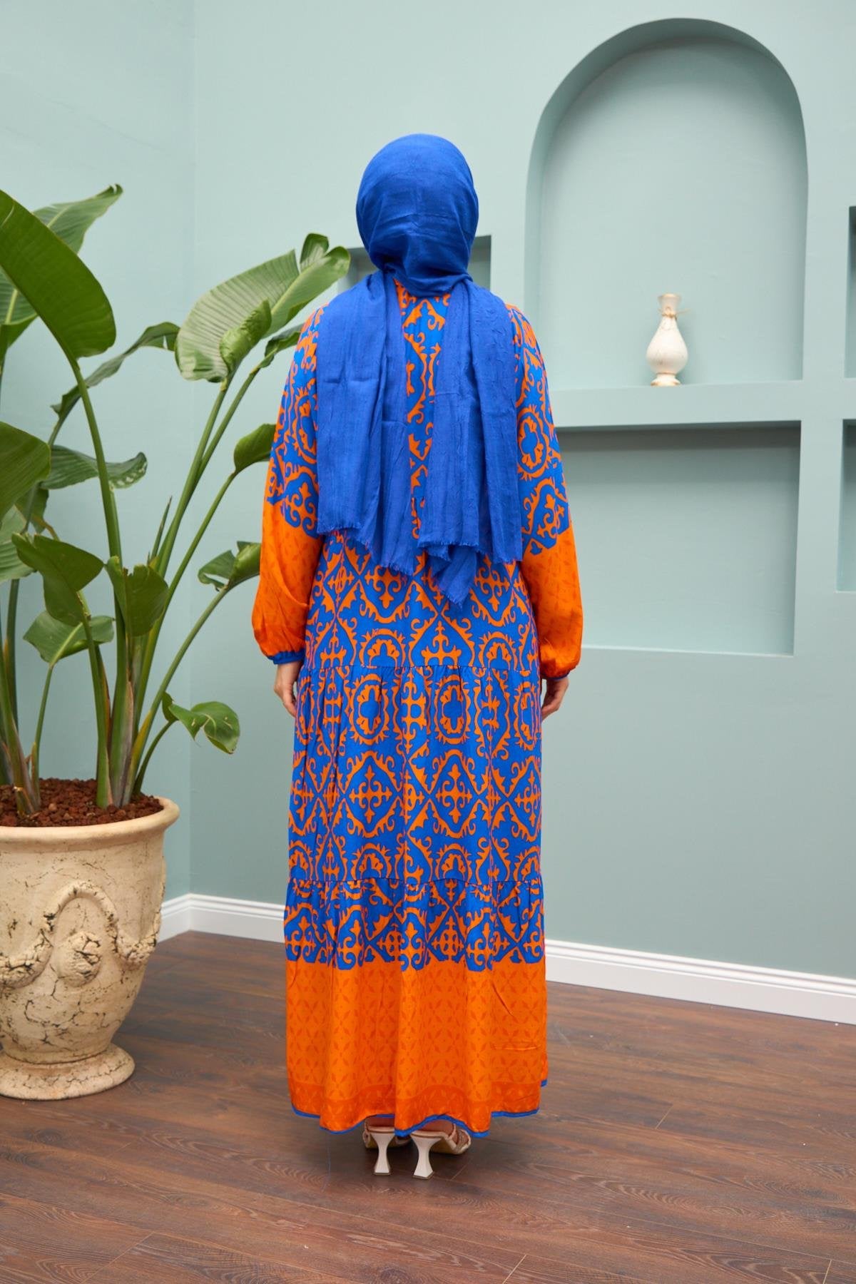 Grace Mosaic Modest Maxi Dress – Orange & Royal Blue