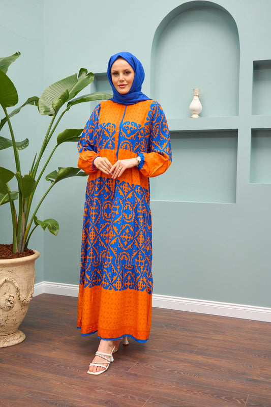 Grace Mosaic Modest Maxi Dress – Orange & Royal Blue