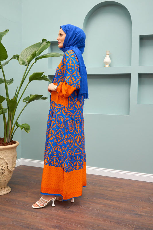 Grace Mosaic Modest Maxi Dress – Orange & Royal Blue