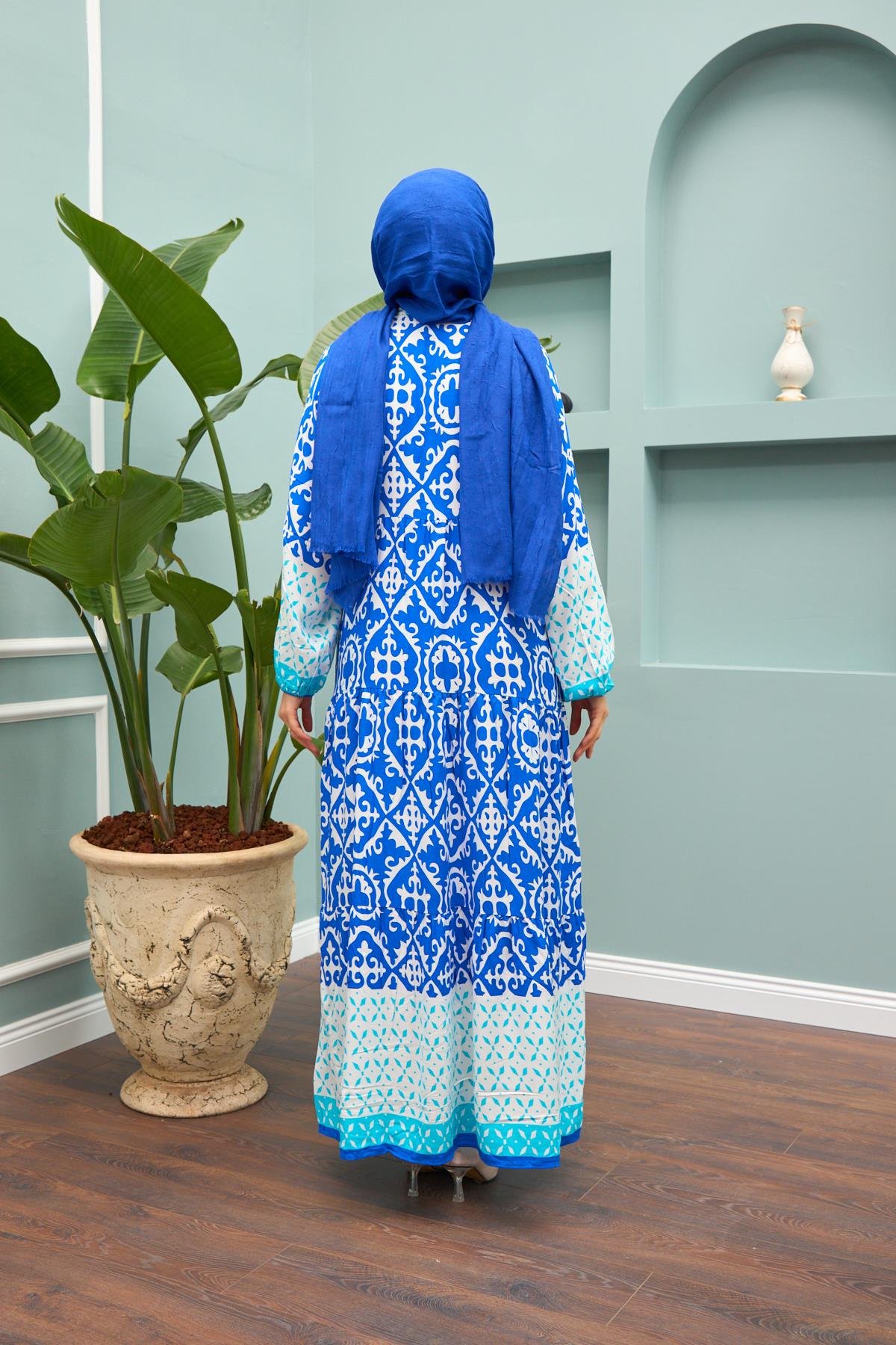 Grace Mosaic Modest Maxi Dress – Royal Blue & Sky Blue
