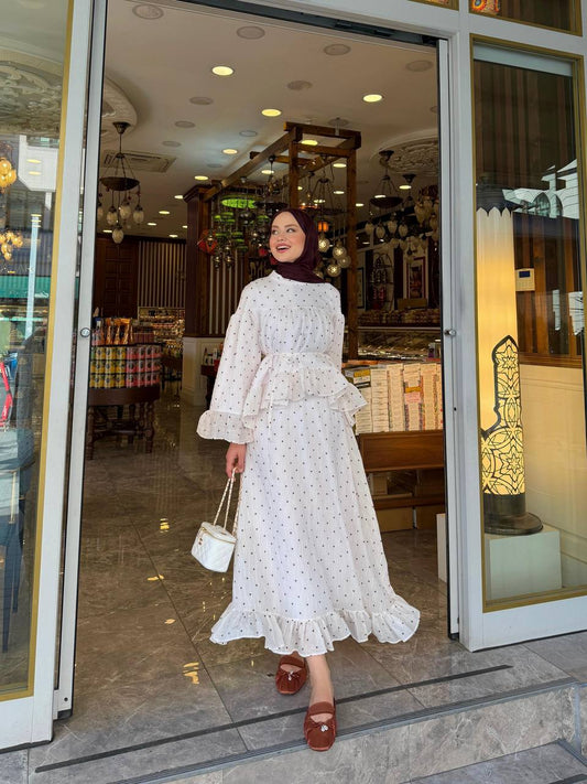 Polka Dot Tulle Modal Blouse & Maxi Skirt Set – Ivory & Burgundy