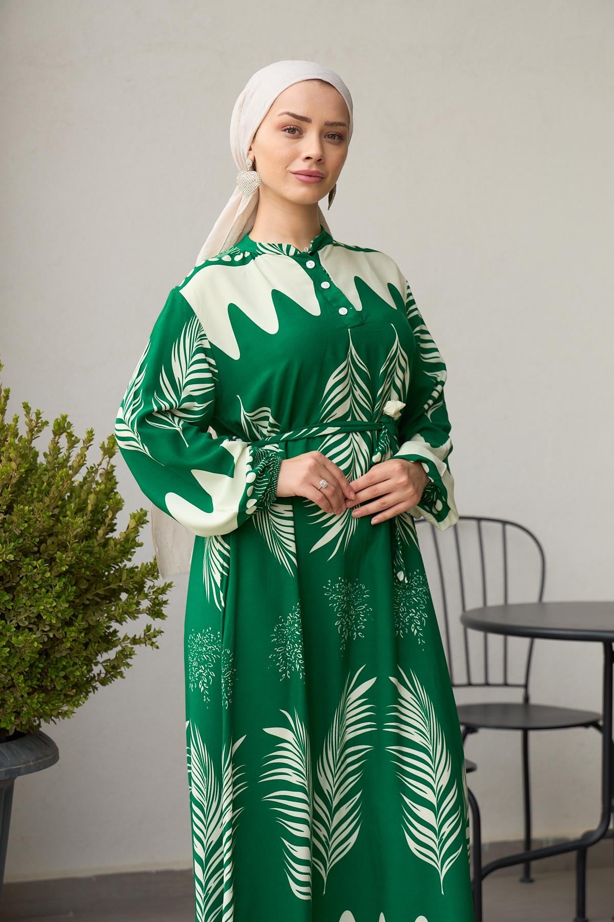 Leaf Print Viscose Modest Dress – Green