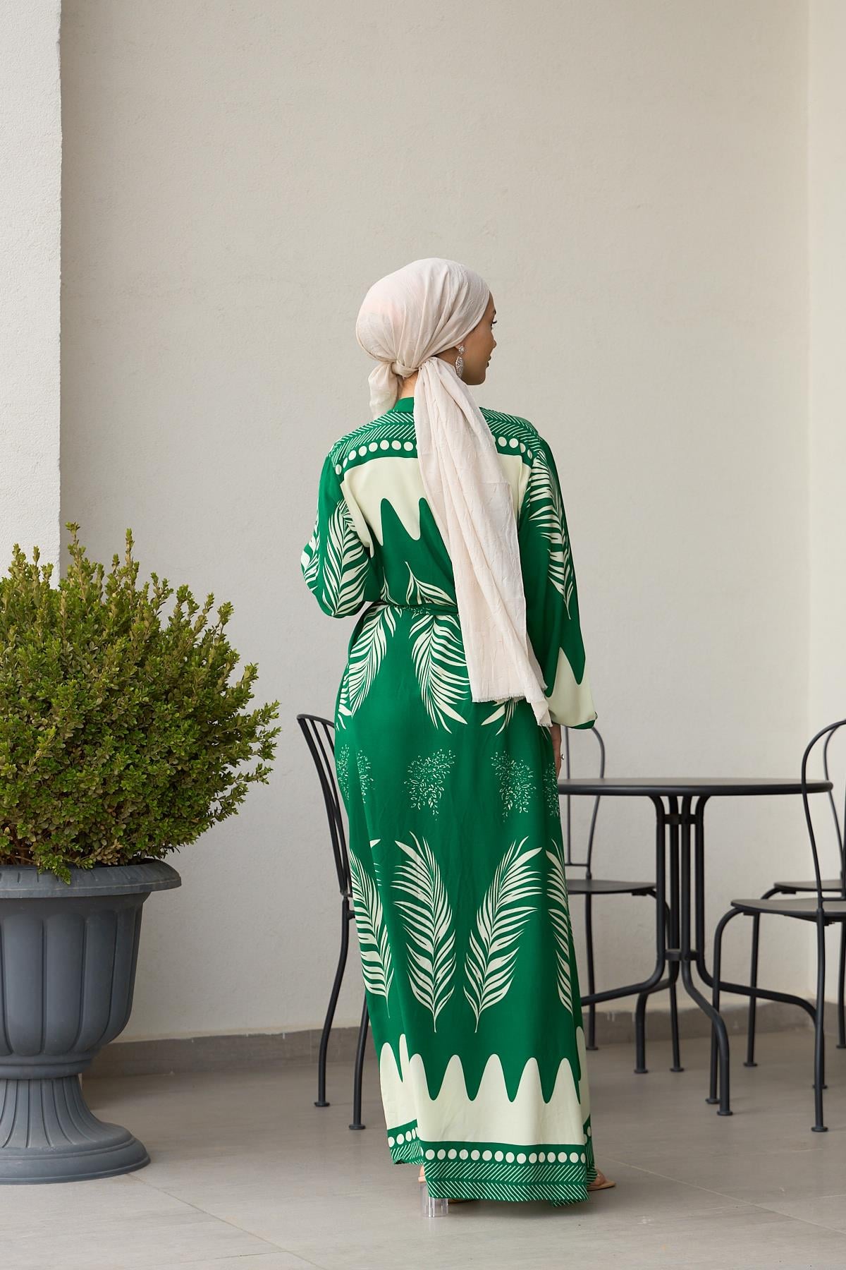 Leaf Print Viscose Modest Dress – Green