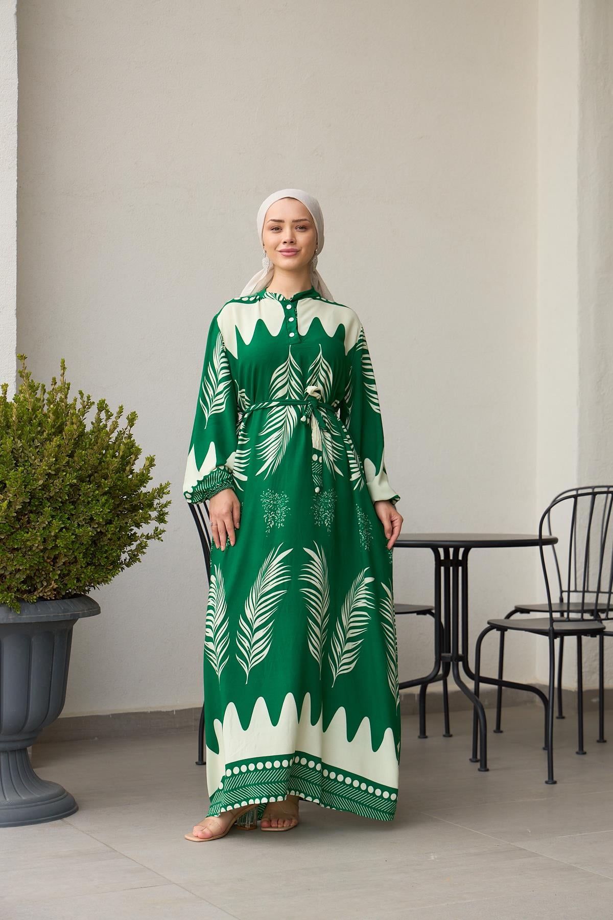 Leaf Print Viscose Modest Dress – Green