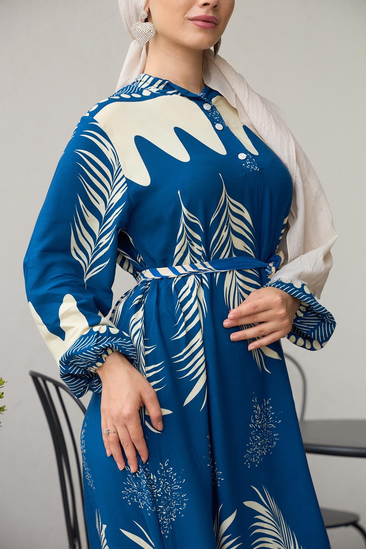 Lina Palm Print Modest Maxi Dress – Blue & Ivory