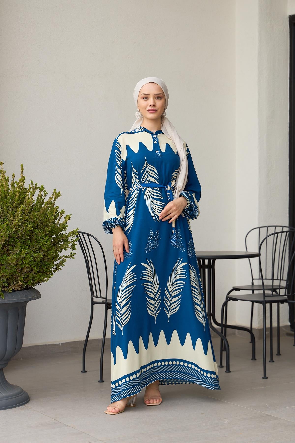 Lina Palm Print Modest Maxi Dress – Blue & Ivory