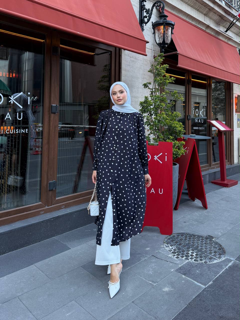 Polka Dot Modal Belted Tunic Dress – Navy Blue & White