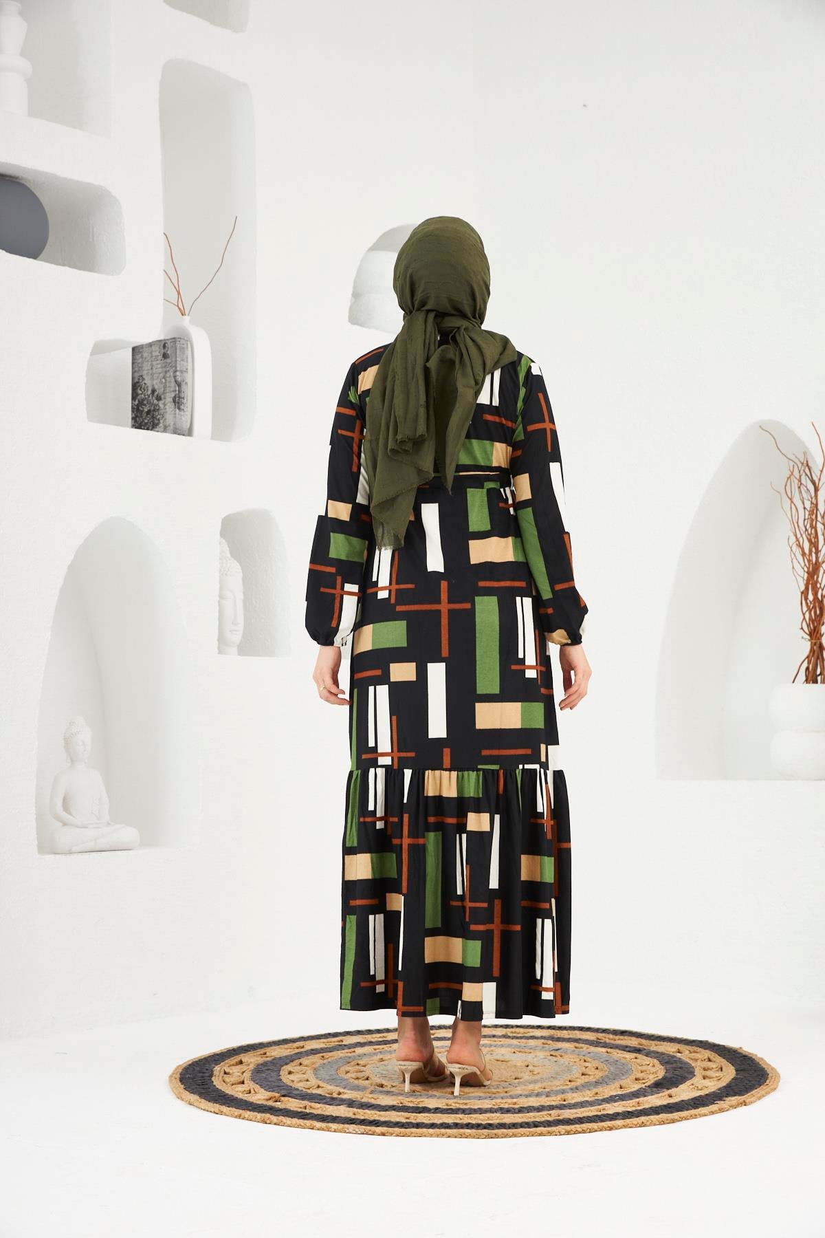 Nora Geometric Modest Maxi Dress – Black Multi
