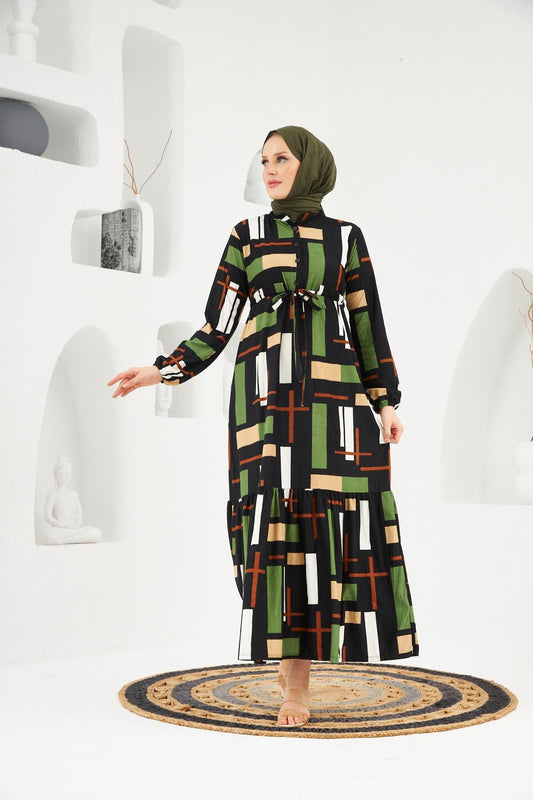 Nora Geometric Modest Maxi Dress – Black Multi