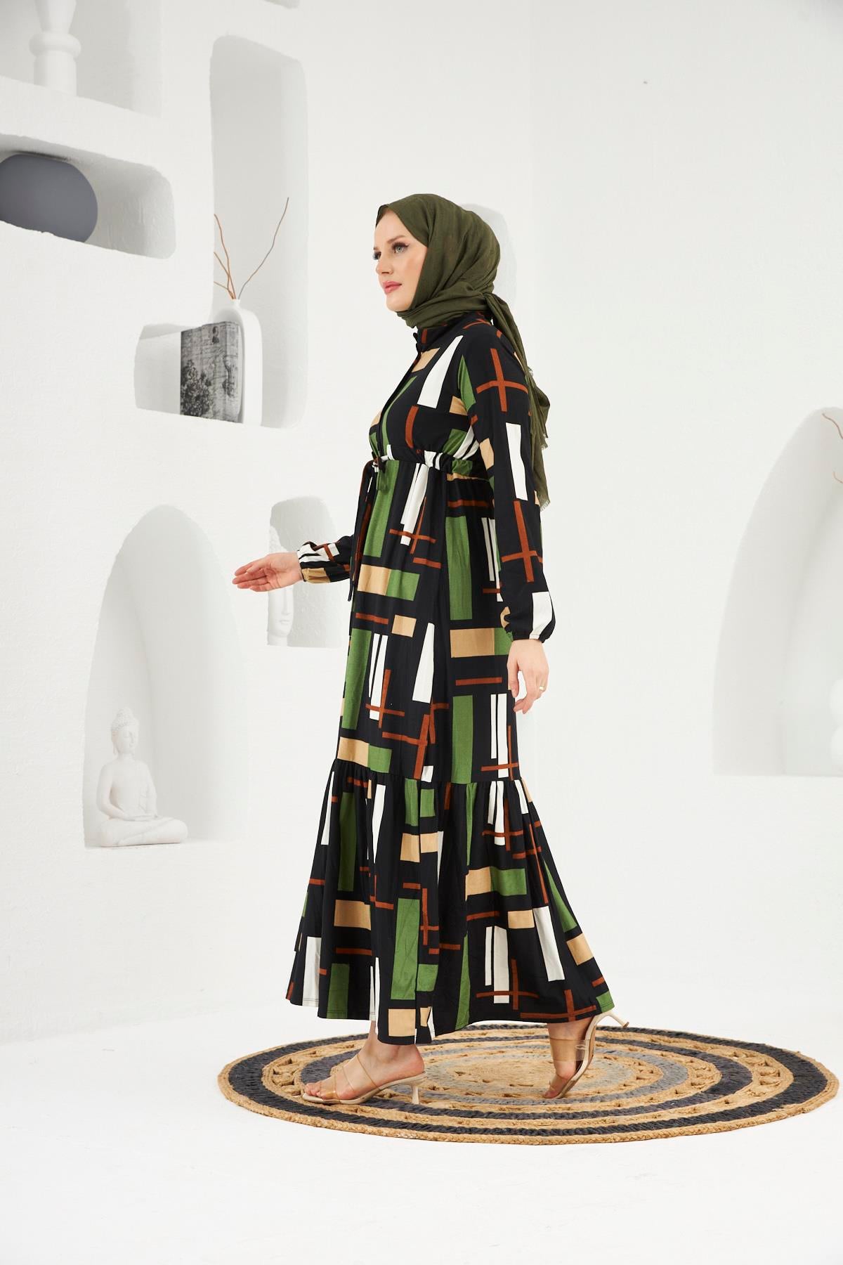 Nora Geometric Modest Maxi Dress – Black Multi