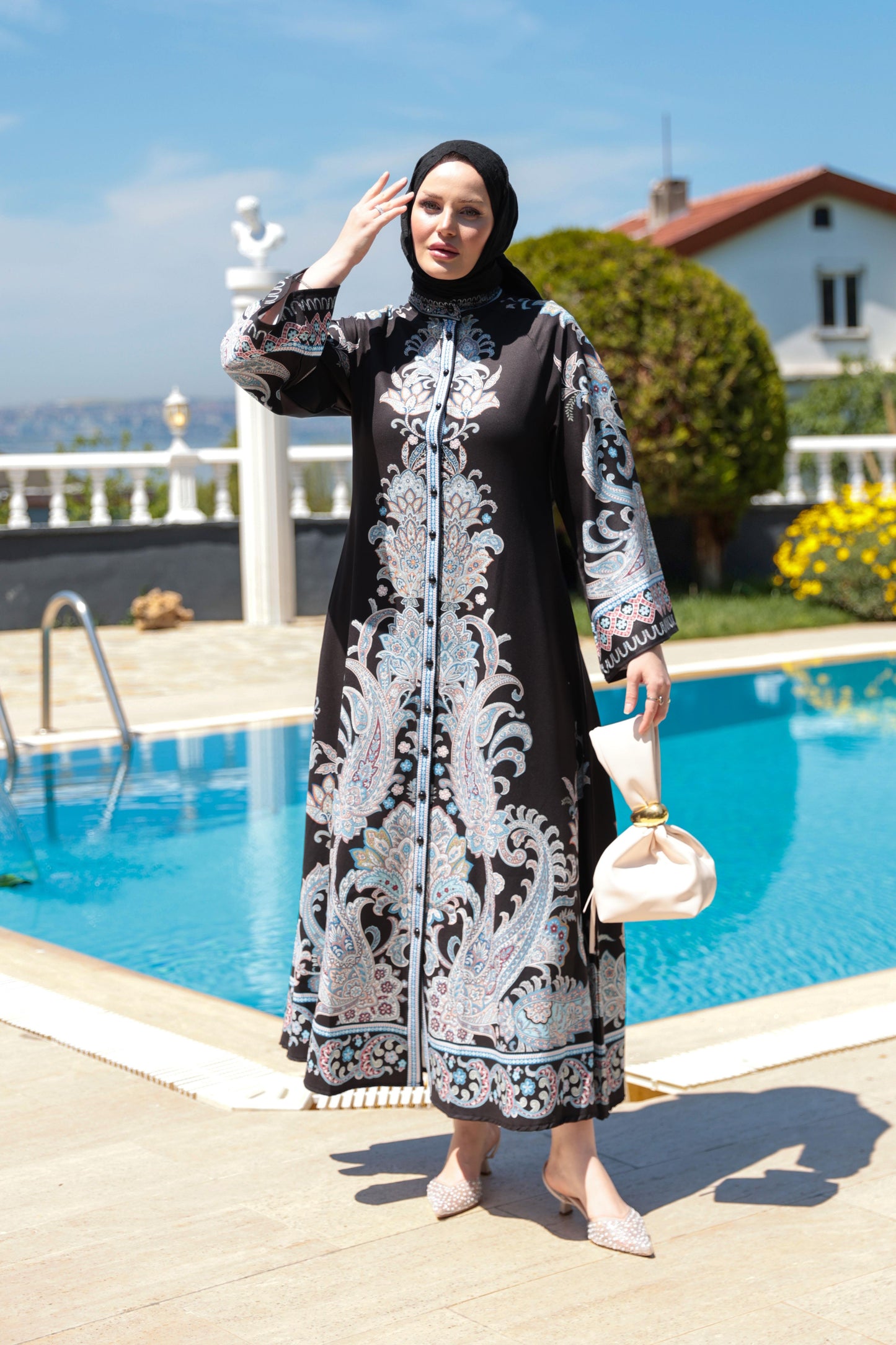 Paisley Print Modest Dress – Black & Blue