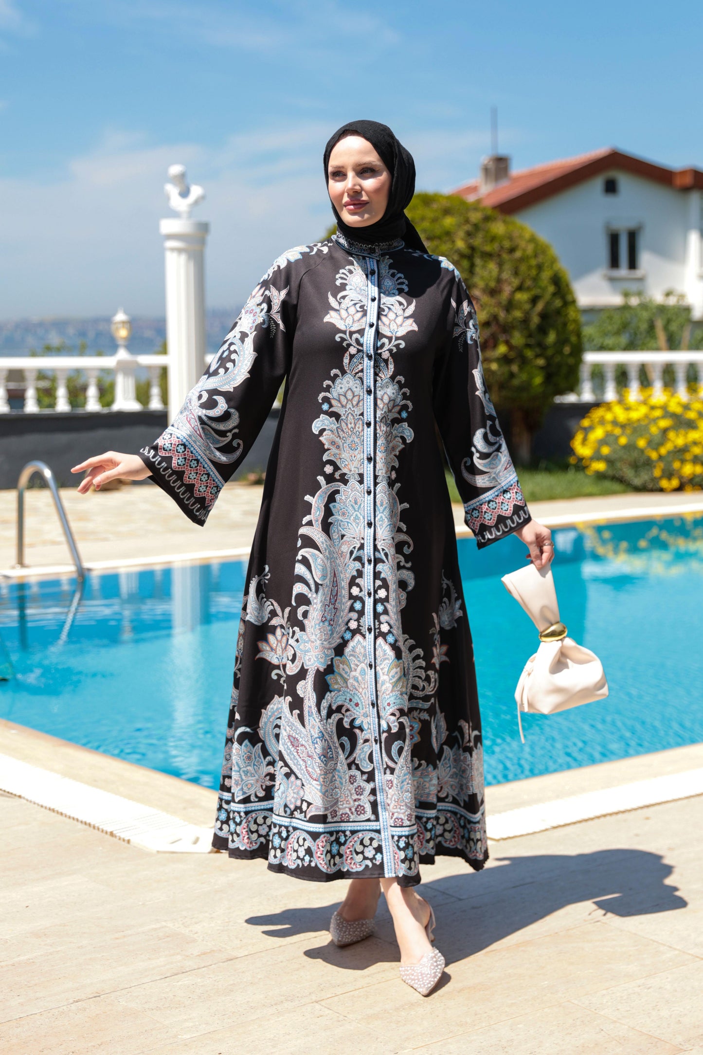 Paisley Print Modest Dress – Black & Blue