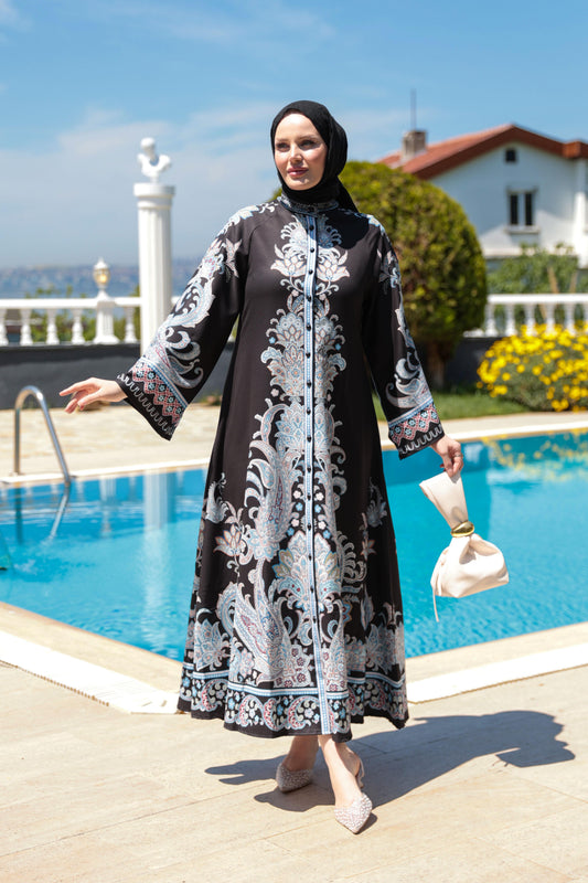 Paisley Print Modest Dress – Black & Blue