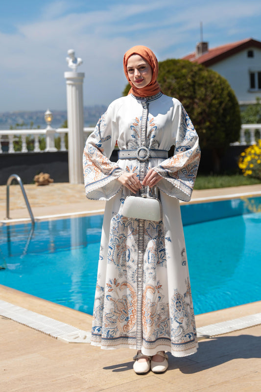 Paisley Print Modest Dress – Ecru