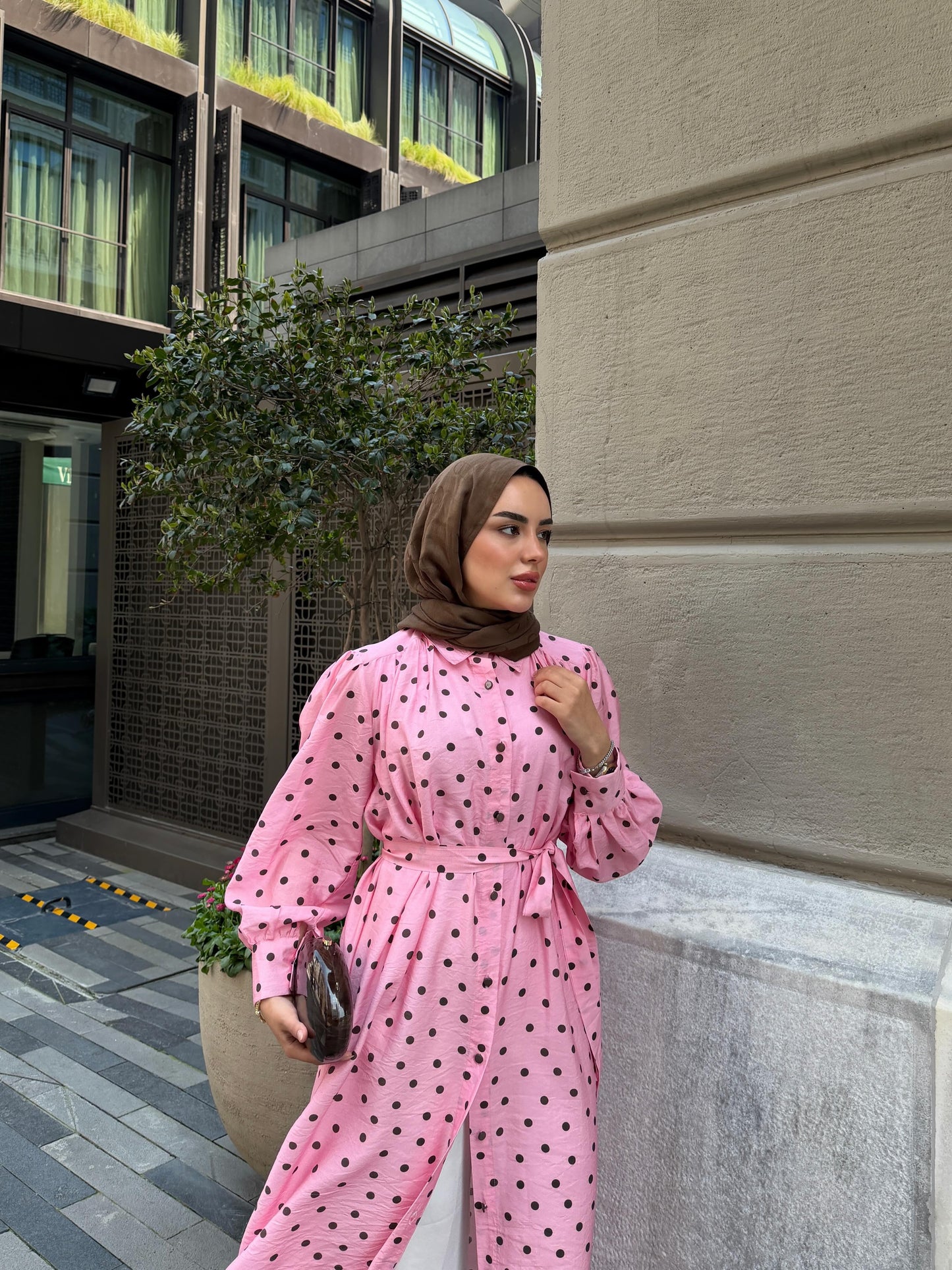 Polka Dot Modal Belted Tunic Dress – Pink & Black