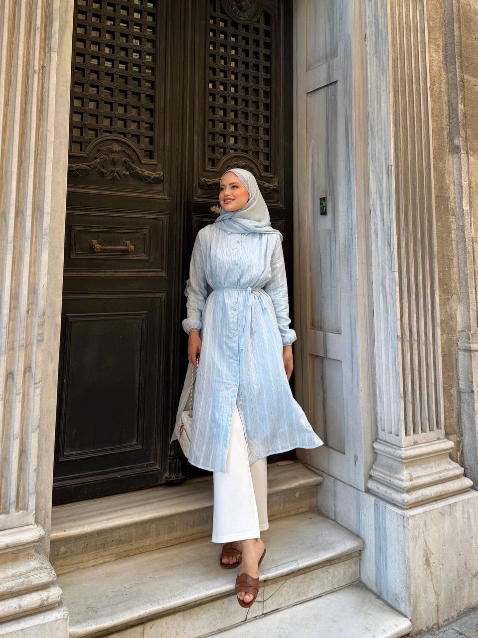 Striped Tulle Modal Belted Tunic Dress – Powder Blue