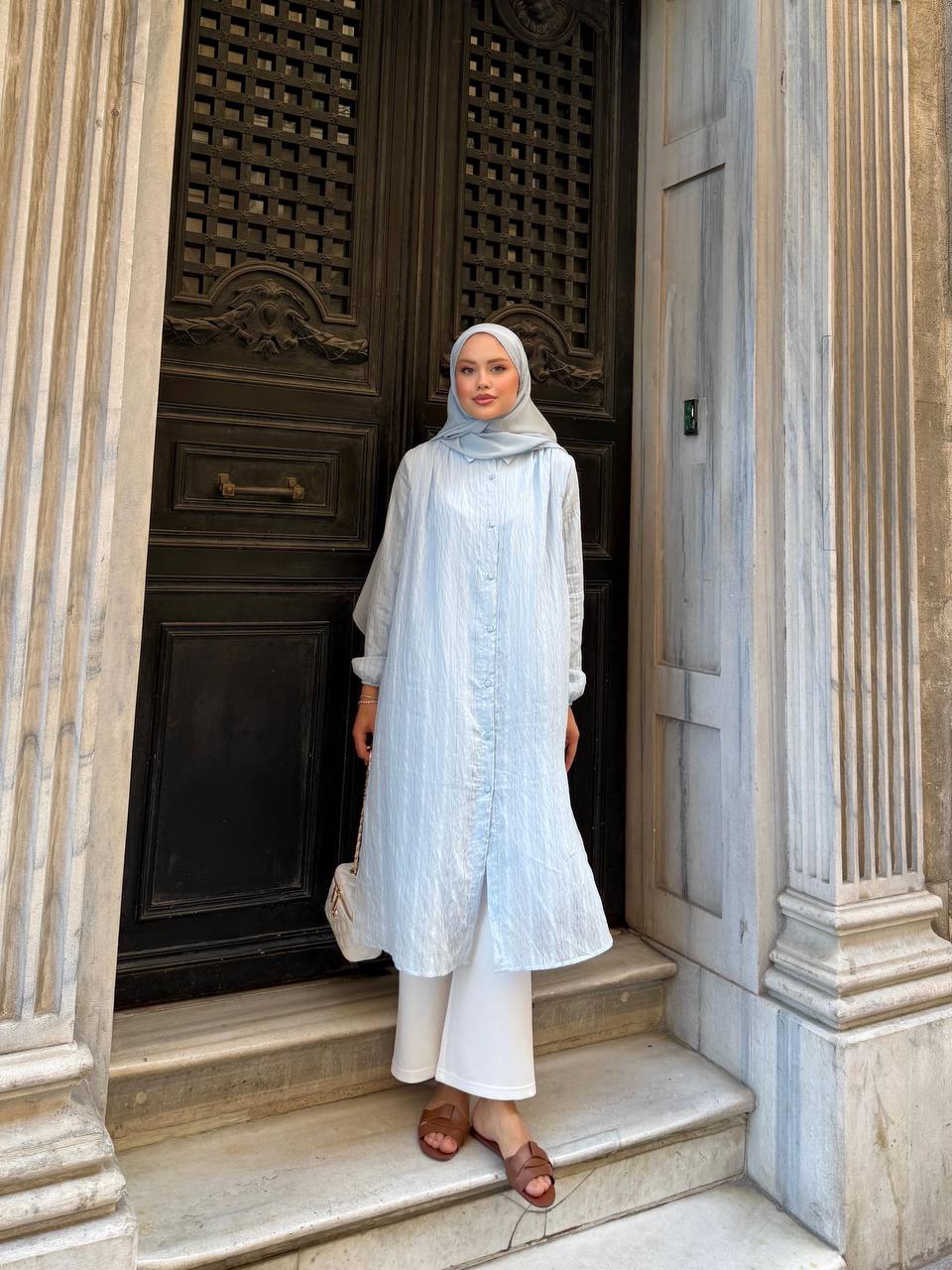 Striped Tulle Modal Belted Tunic Dress – Powder Blue