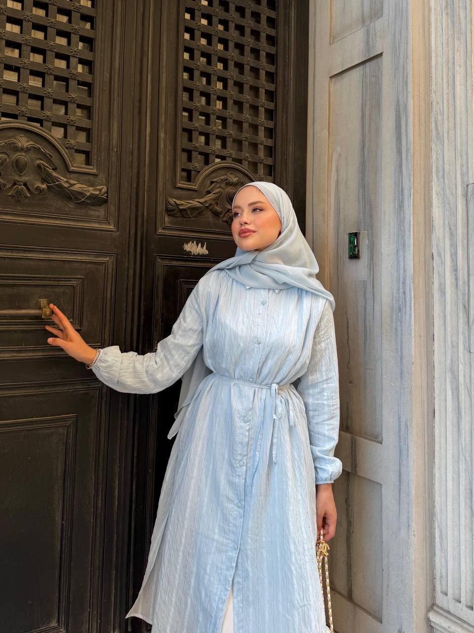 Striped Tulle Modal Belted Tunic Dress – Powder Blue