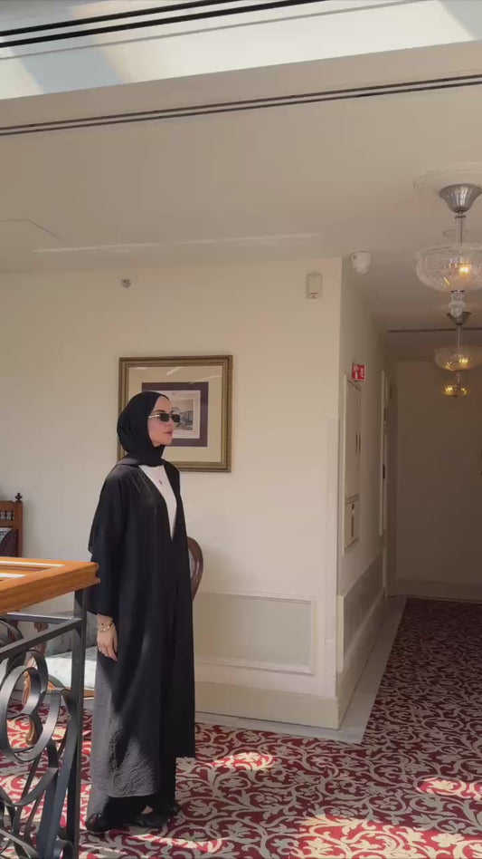 Textured Modal Open Abaya & Wide-Leg Pant Set – Black