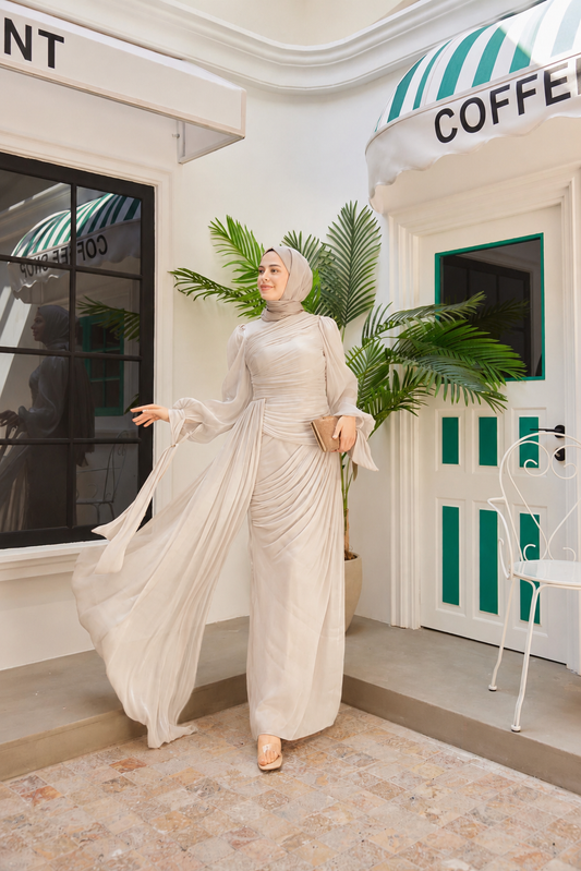 Ruched Shimmer Evening Abaya – Beige