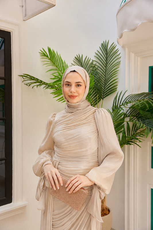 Ruched Shimmer Evening Abaya – Beige