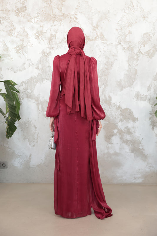 Ruched Shimmer Evening Abaya – Burgundy