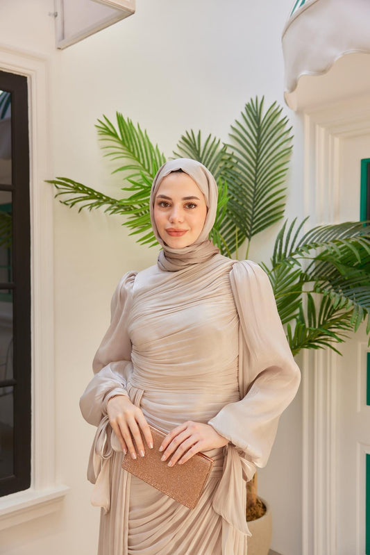 Ruched Shimmer Evening Abaya – Champagne