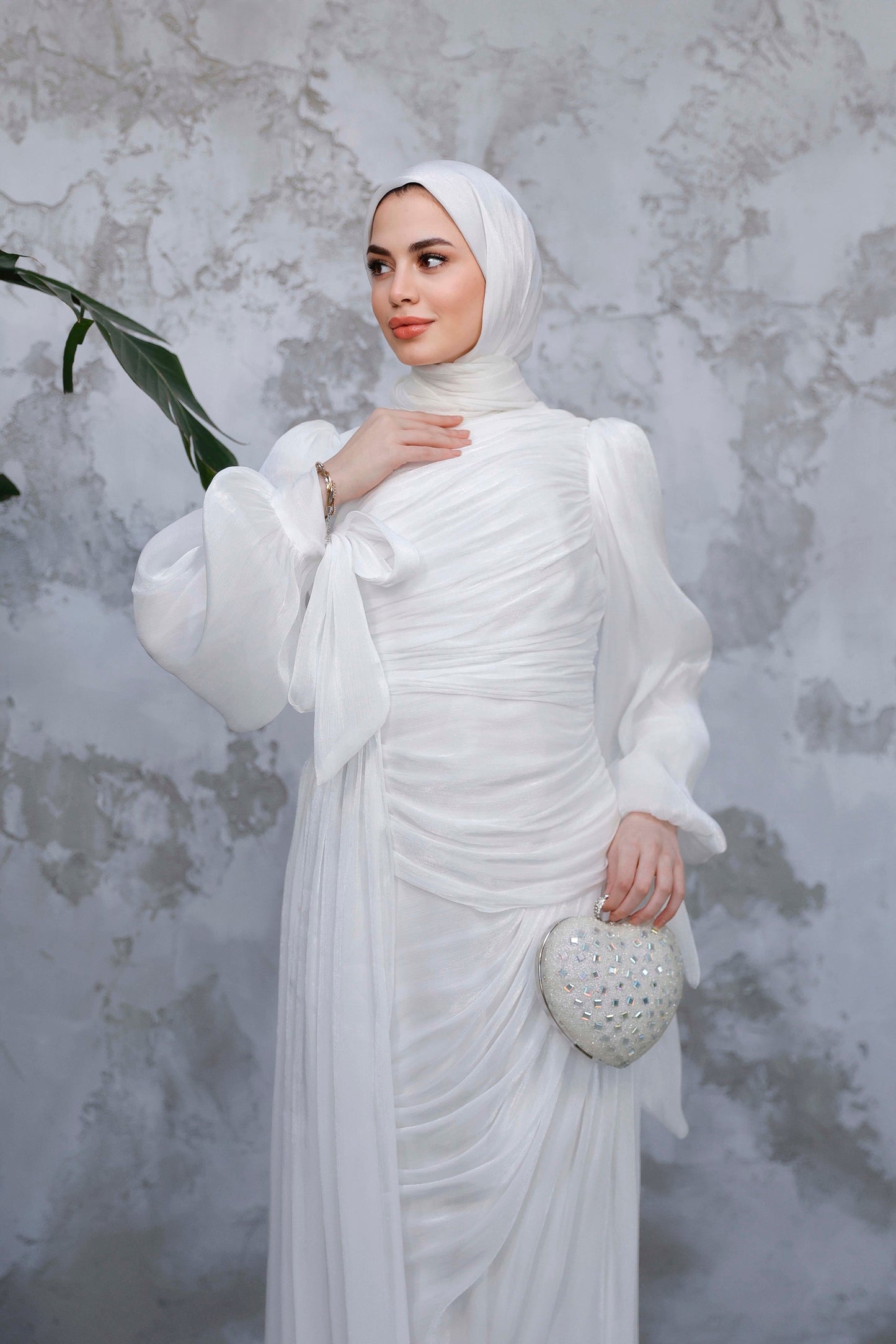 Ruched Shimmer Evening Abaya – White