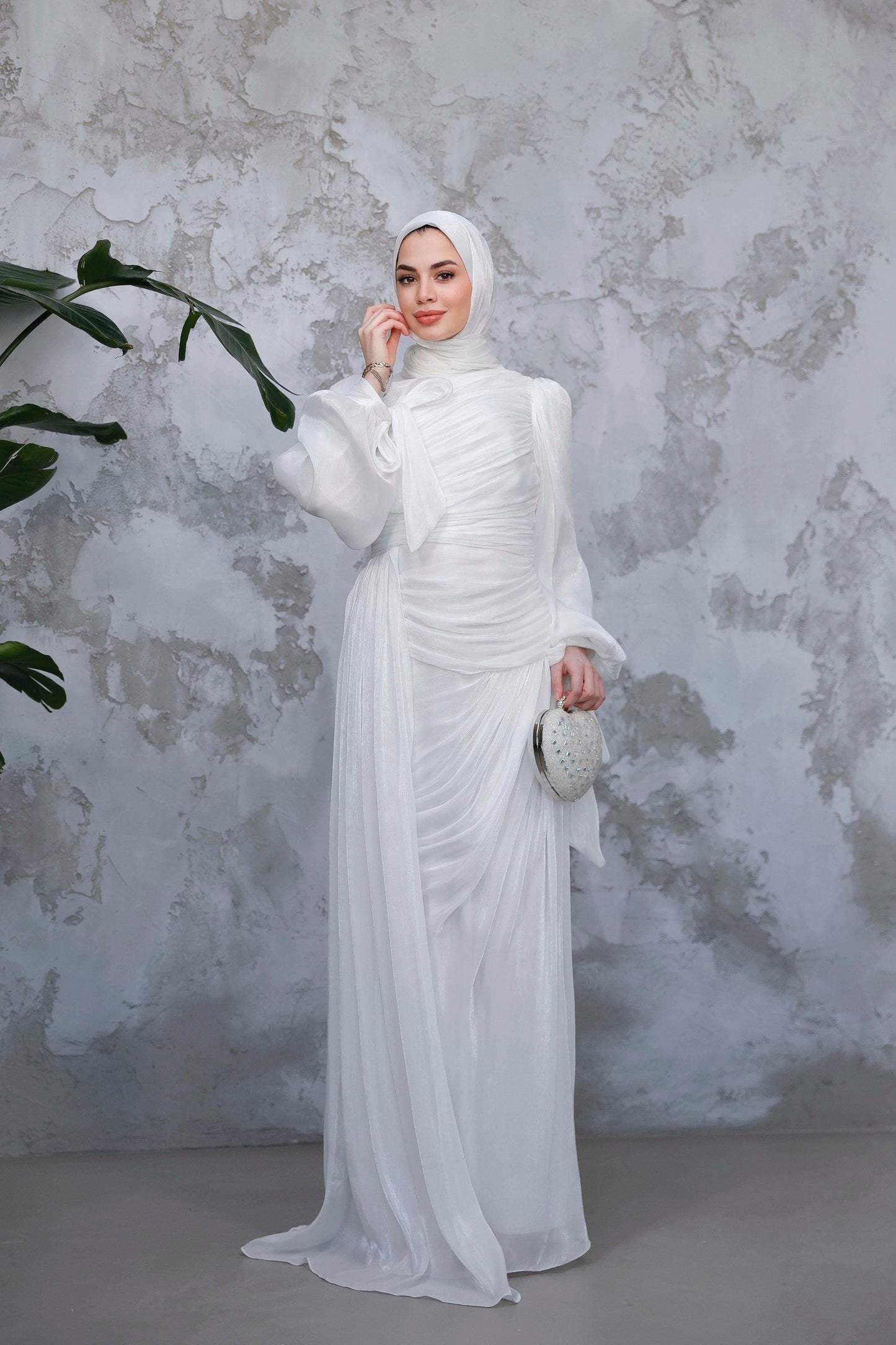 Ruched Shimmer Evening Abaya – White