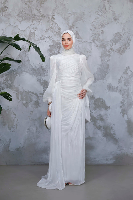Ruched Shimmer Evening Abaya – White