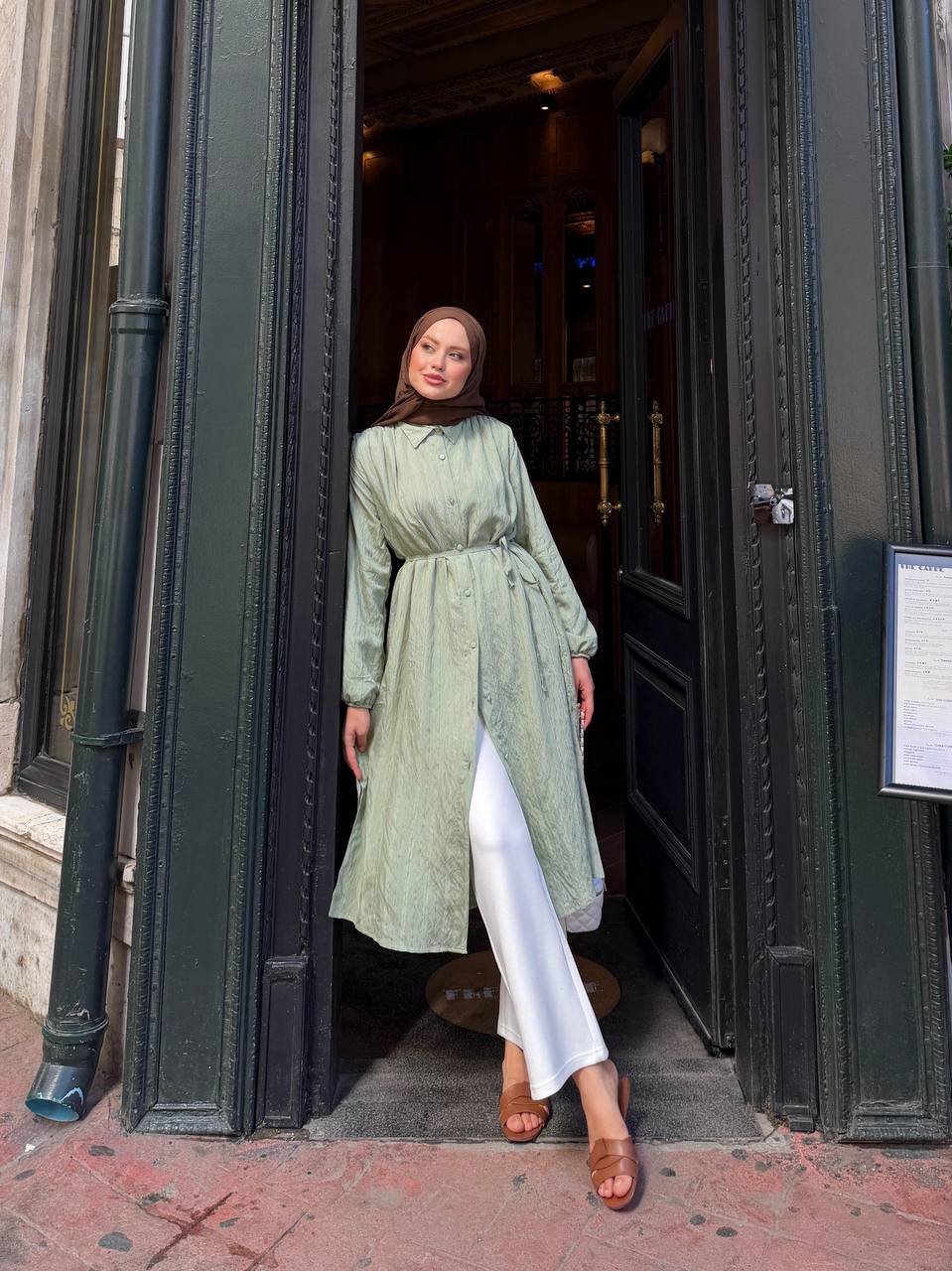 Striped Tulle Modal Belted Tunic Dress – Sage Green