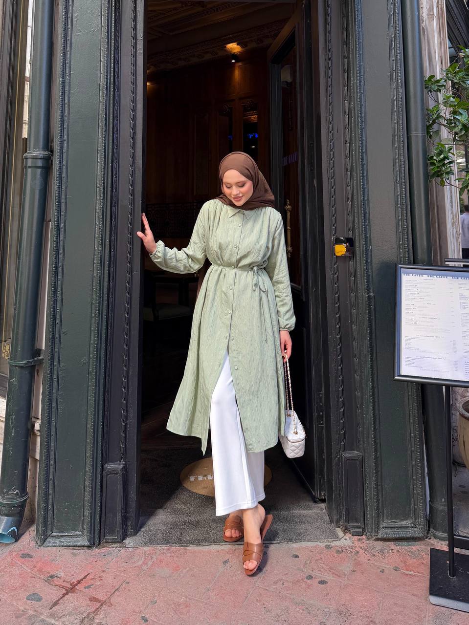 Striped Tulle Modal Belted Tunic Dress – Sage Green