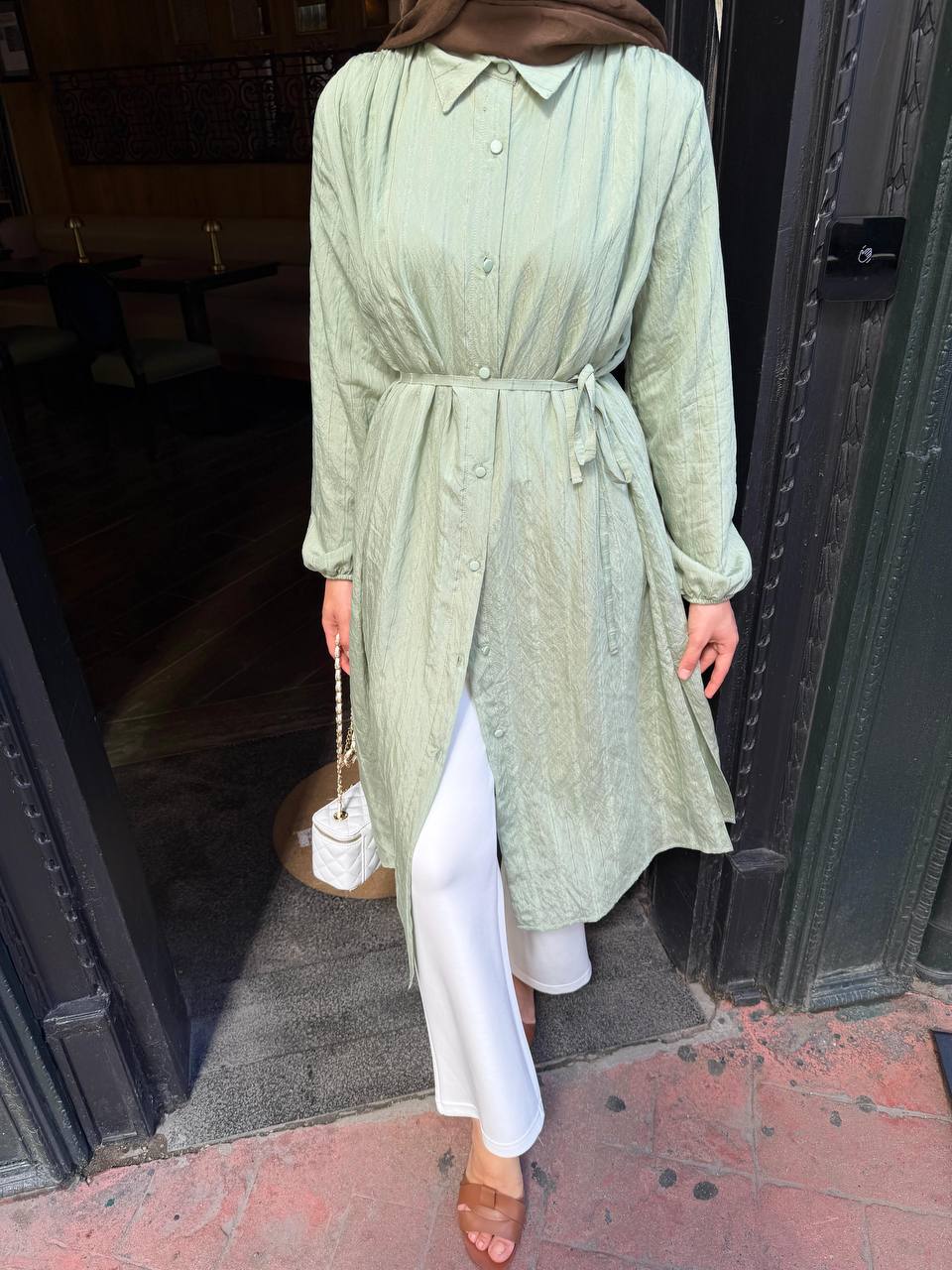 Striped Tulle Modal Belted Tunic Dress – Sage Green