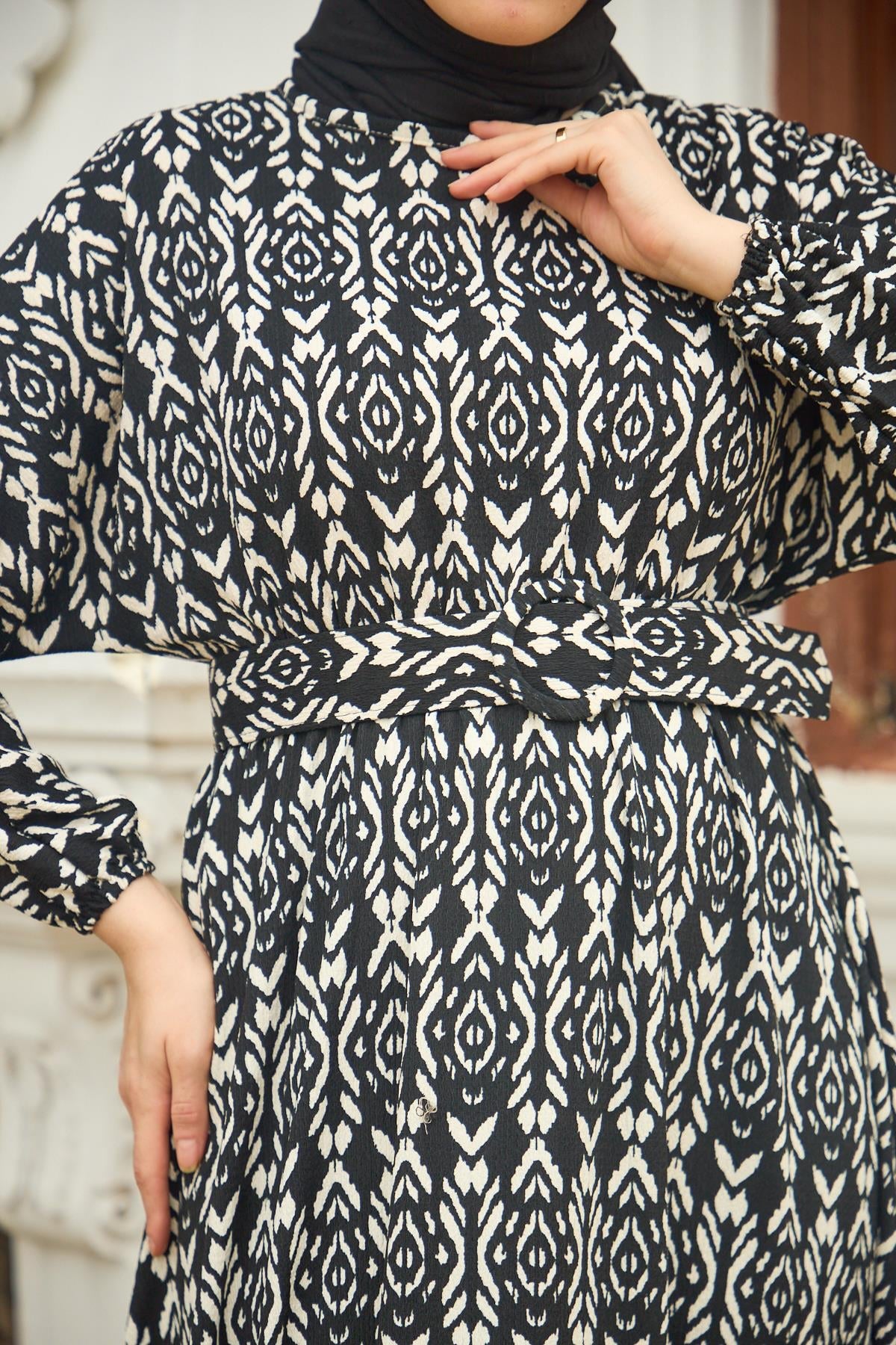 Selene Tribal Print Modest Maxi Dress – Black & Ivory