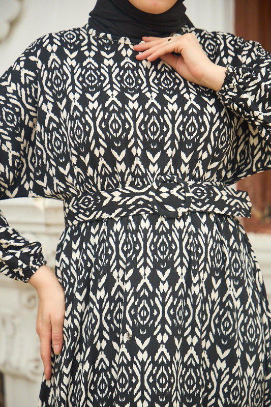 Selene Tribal Print Modest Maxi Dress – Black & Ivory