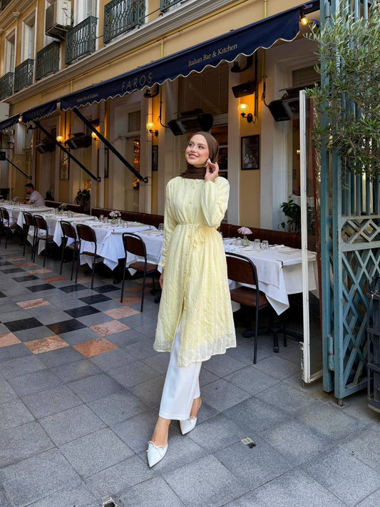 Striped Tulle Modal Belted Tunic Dress – Soft Yellow