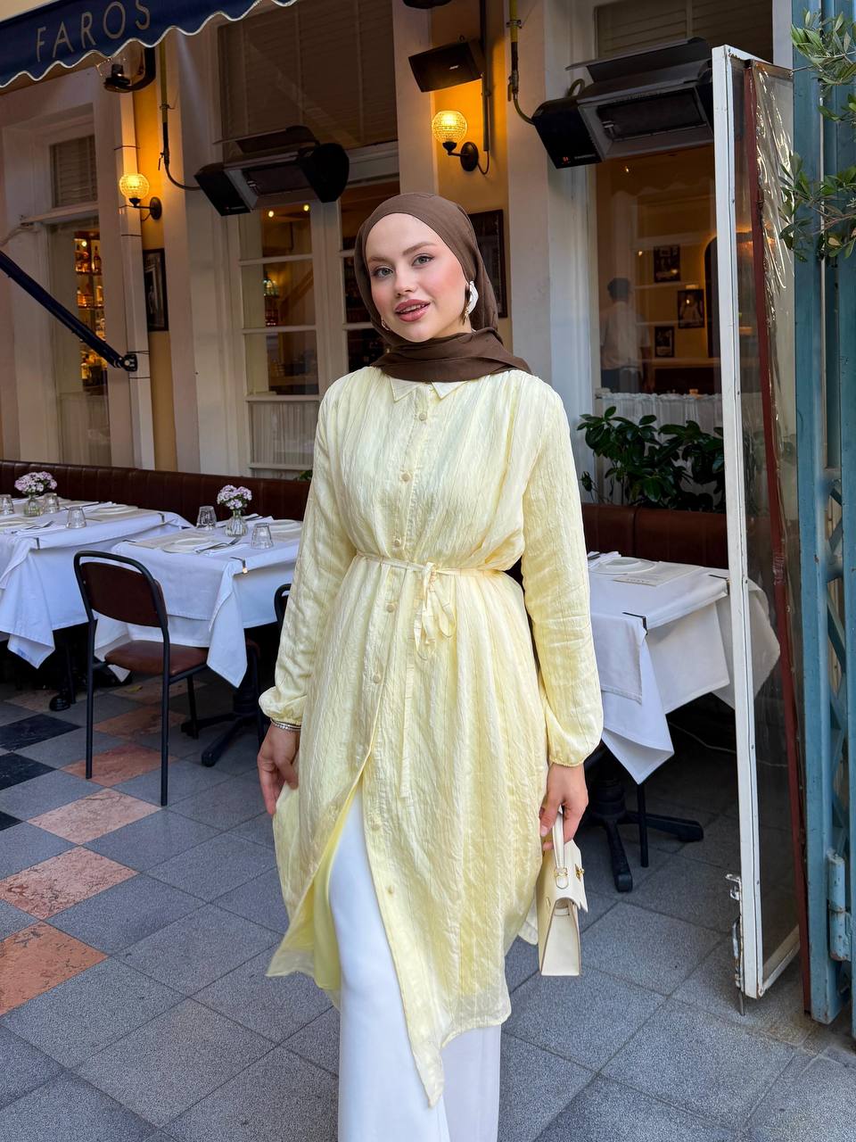 Striped Tulle Modal Belted Tunic Dress – Soft Yellow
